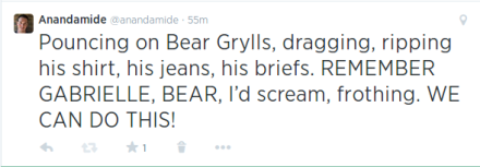 Pouncing on Bear Grylls, ripping his shirt, his jeans, his briefs. REMEMBER GABRIELLE, BEAR, I'd scream, frothing. WE CAN DO THIS!